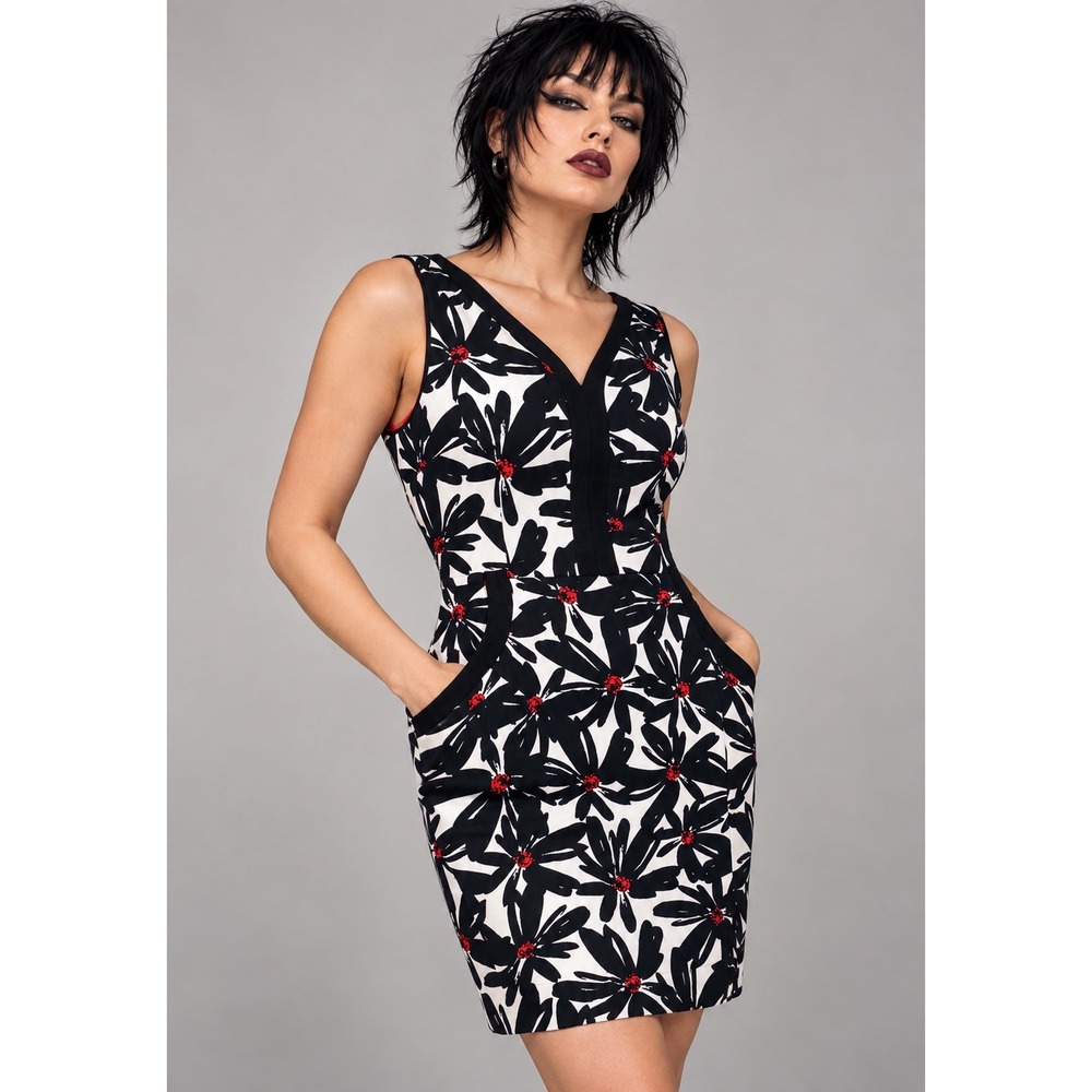 London Times 12 Black White Floral Sleeveless Sheath Dress